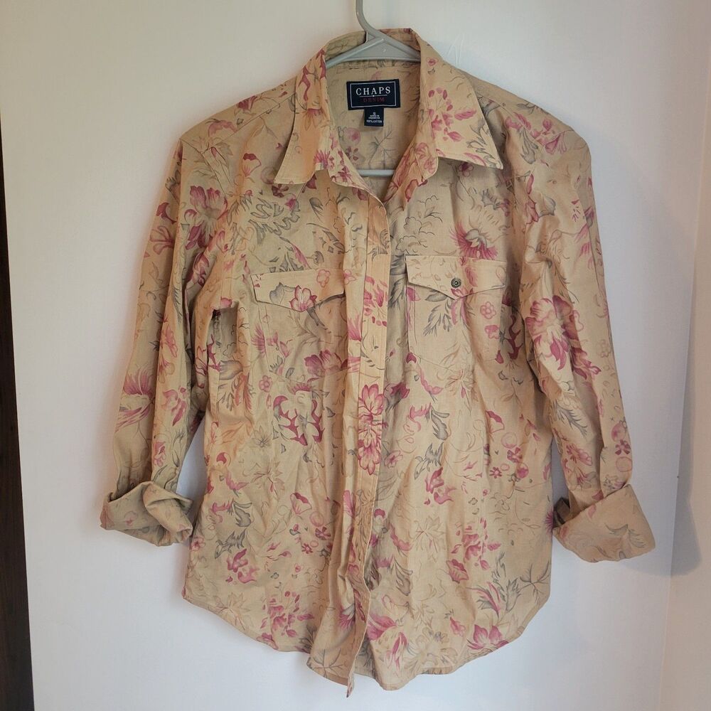 Women's Chaps Tan Floral Button Down Up Size Small S
